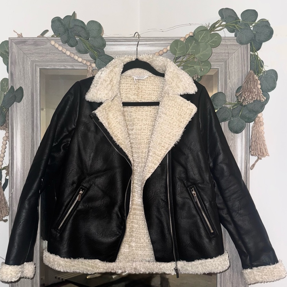 Black and Cream Faux Leather Jacket